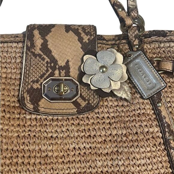 Coach Straw and Python Embossed Leather Trim Natural Large Tote 16838 - Picture 3 of 15